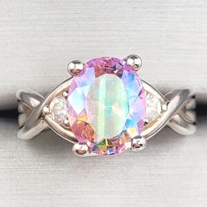 Oval Mercury Mystic Topaz & Diamond Simulants 925 Sterling Silver Ring